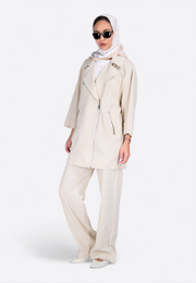 Model wearing beige silk scarf, full front view – East Vibe